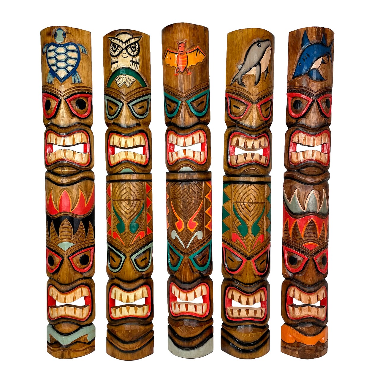 Set of 5 Double Tiki Mask Animal Totem Hand Carved Wall Decor Sculpture 40 Inch